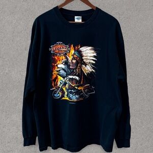 Vintage Black Motorcycle Indian Native Chief Eagle Wolf Long Sleeve T Shirt XL